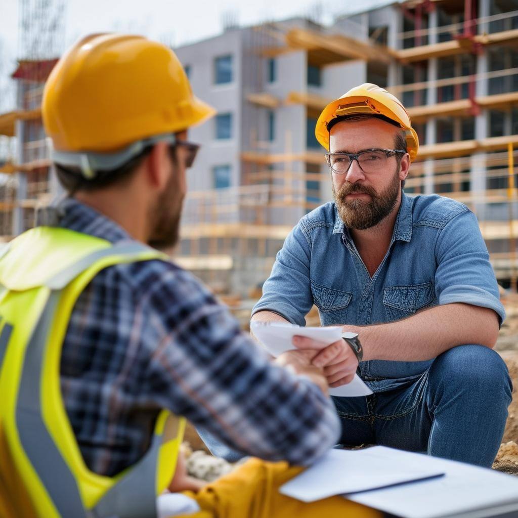 A contractor sitting with their accountant on a jobsite